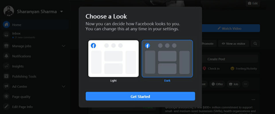 facebook's dark mode